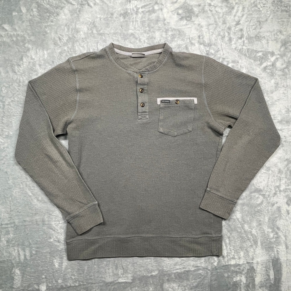 Columbia Henley Shirt Mens Small Gray Waffle Knit Long Sleeve Pocket
